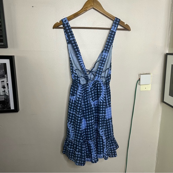 Urban Outfitters UO Blue Criss Cross Plaid Sunburst Mini Dress M Cottagecore - Picture 8 of 8